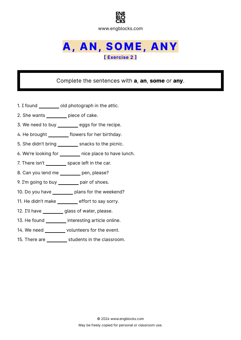 Grammar Worksheet: a, an, some, any — Exercise 2
