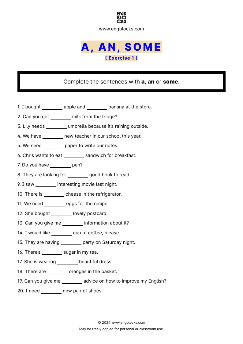 Grammar Worksheet: a, an, some — Exercise 1