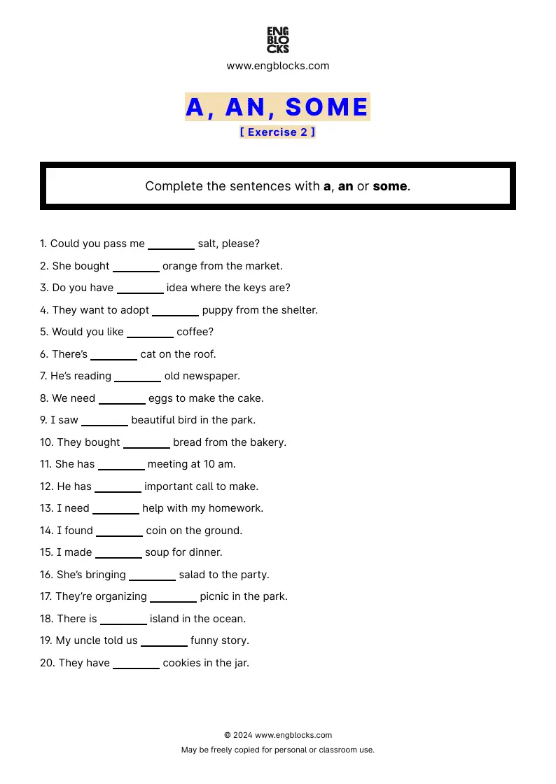 Grammar Worksheet: a, an, some — Exercise 2