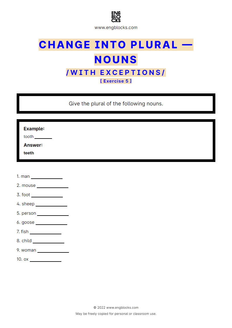 Grammar Worksheet: Change into plural — exceptions — Exercise 5