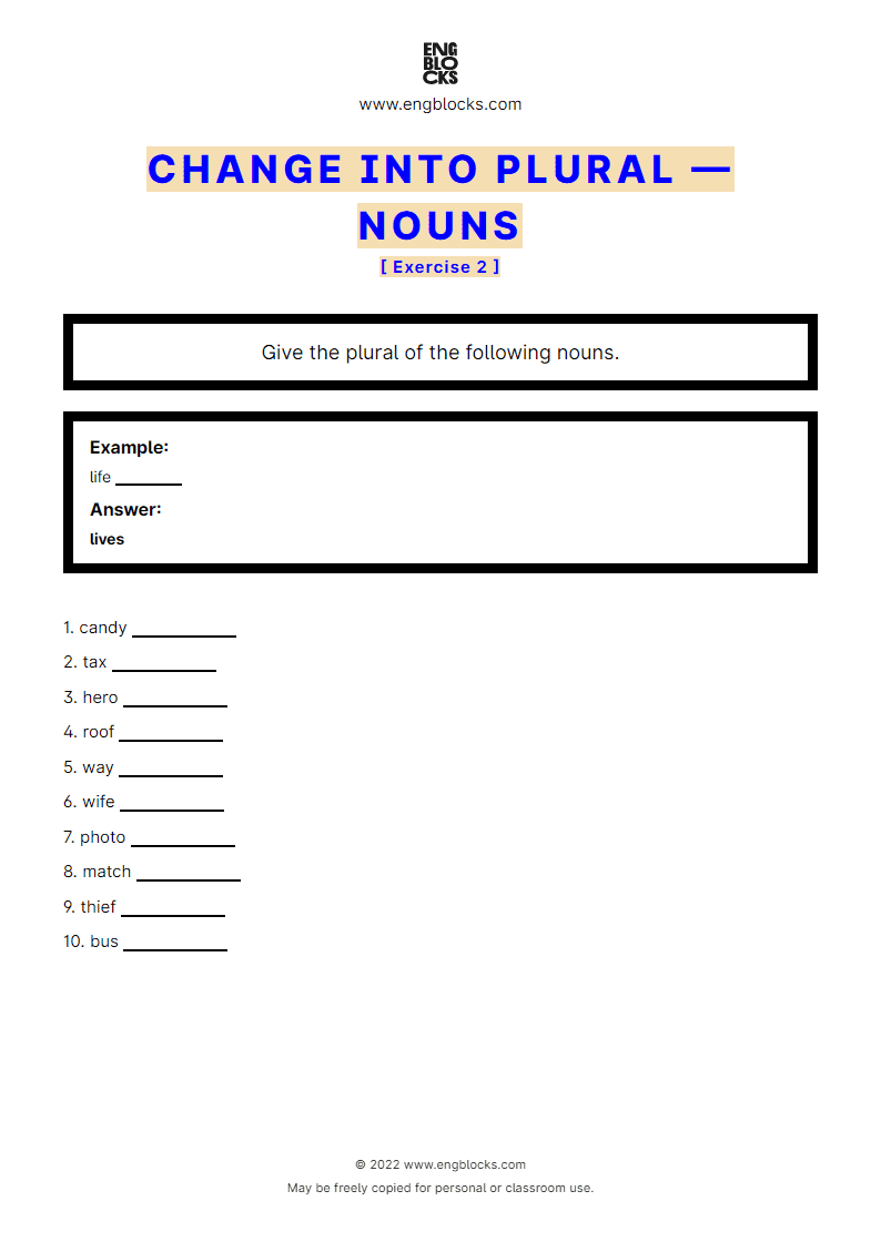 Grammar Worksheet: Change into plural — Exercise 2