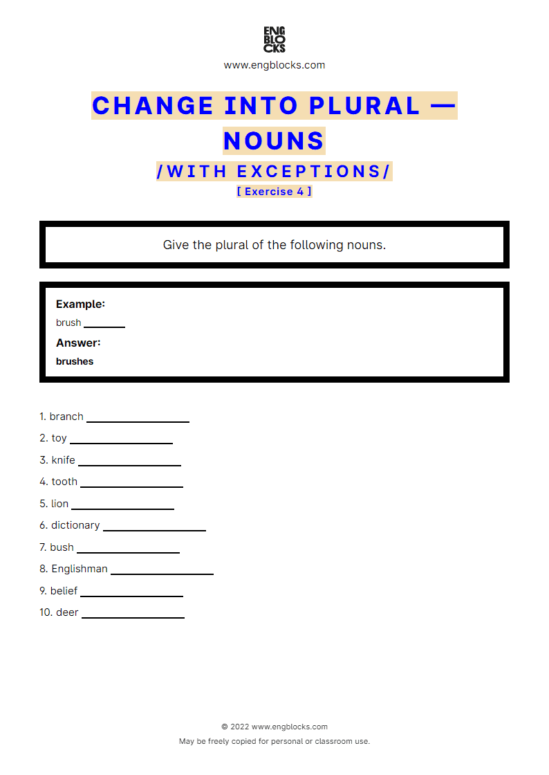 Grammar Worksheet: Change into plural — with exceptions — Exercise 4
