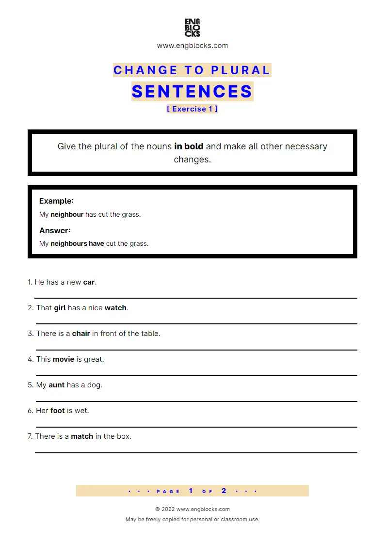 Grammar Worksheet: Change to plural — Sentences — Exercise 1