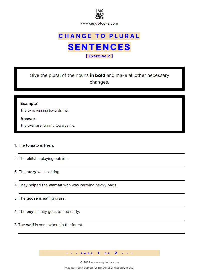 Grammar Worksheet: Change to plural — Sentences — Exercise 2