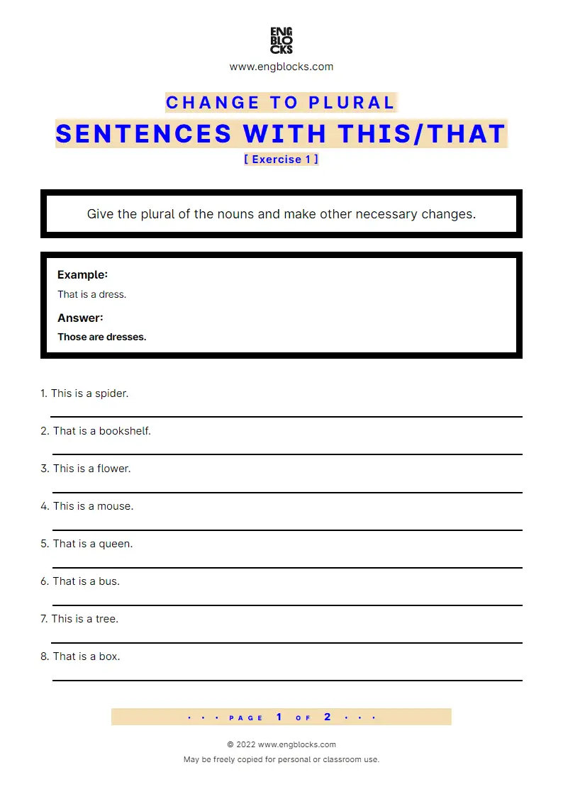 Grammar Worksheet: Change to plural — Sentences with this/‌that — Exercise 1