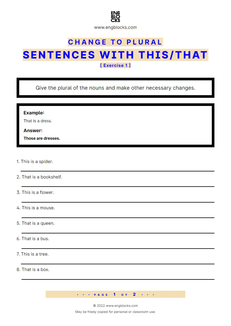 Grammar Worksheet: Change to plural — Sentences with this/‌that — Exercise 1