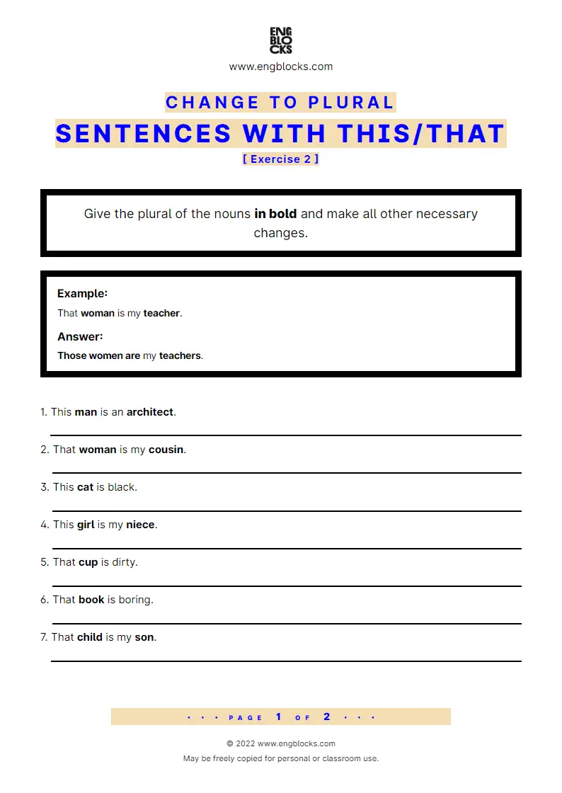 Grammar Worksheet: Change to plural — Sentences with this/‌that — Exercise 2