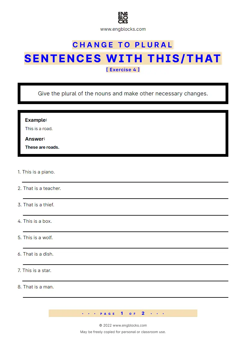 Grammar Worksheet: Change to plural — Sentences with this/‌that — Exercise 4