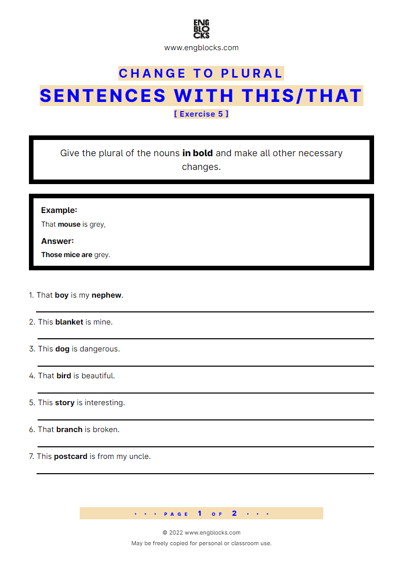 Grammar Worksheet: Change to plural — Sentences with this/‌that — Exercise 5