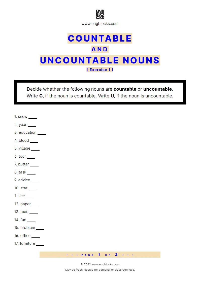Grammar Worksheet: Countable and uncountable nouns — Exercise 1