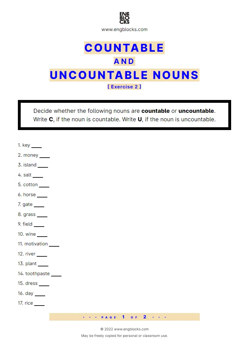 Grammar Worksheet: Countable and uncountable nouns — Exercise 2