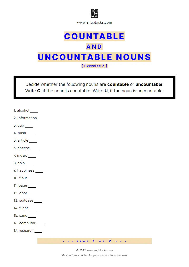 Grammar Worksheet: Countable and uncountable nouns — Exercise 3