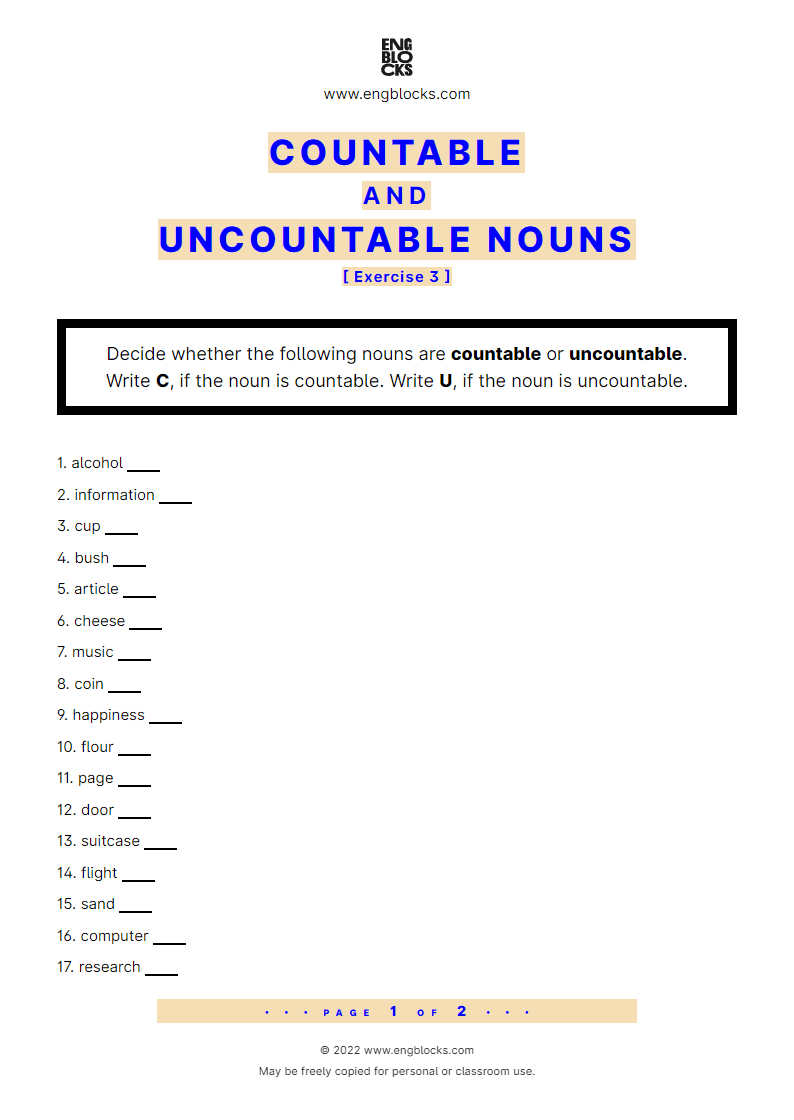 Countable And Uncountable Nouns Exercise 3 Worksheet English Grammar