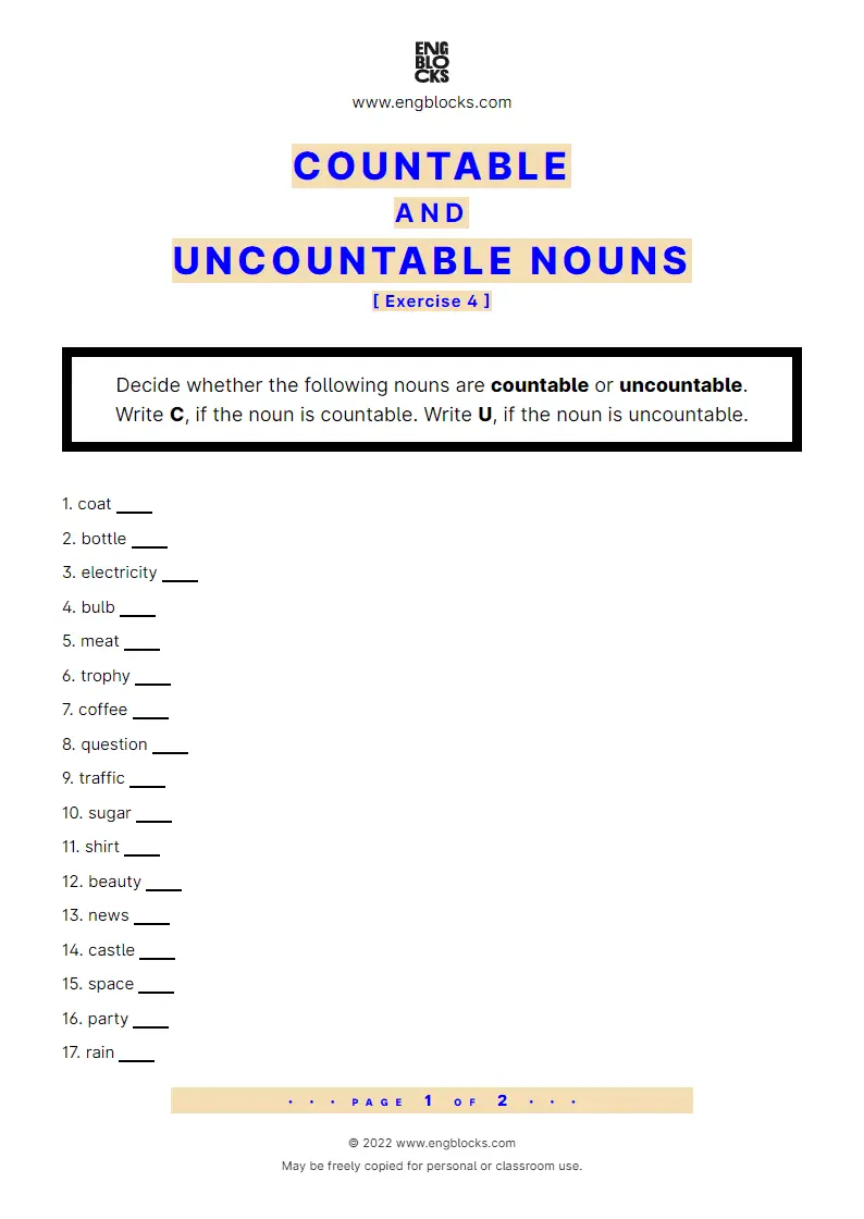 Grammar Worksheet: Countable and uncountable nouns — Exercise 4