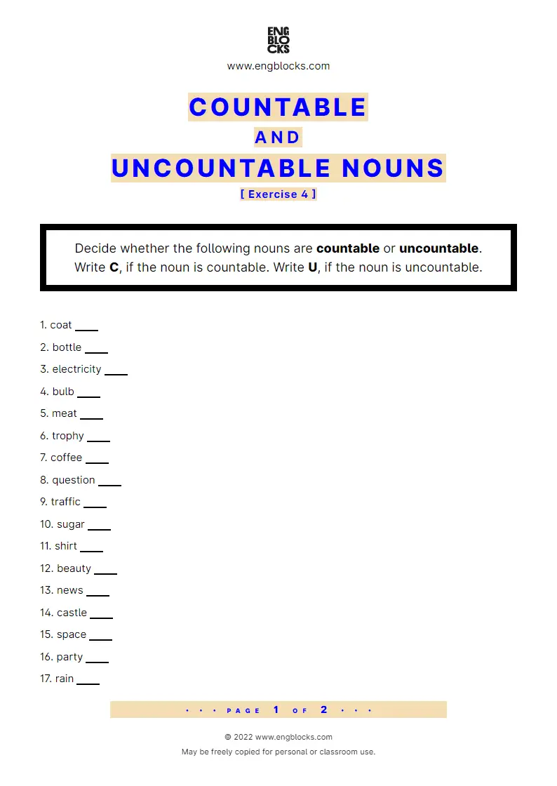 Grammar Worksheet: Countable and uncountable nouns — Exercise 4