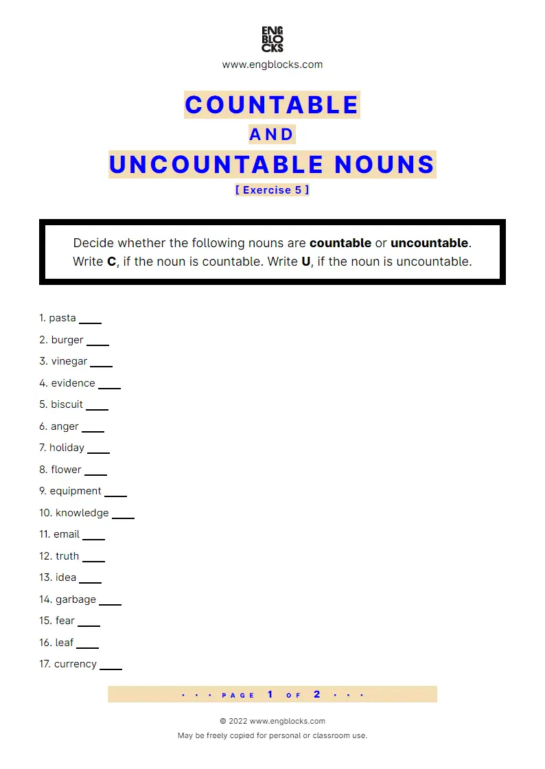 Grammar Worksheet: Countable and uncountable nouns — Exercise 5