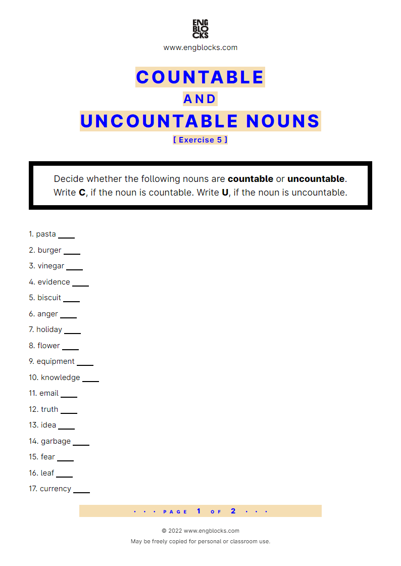 Countable And Uncountable Nouns Exercise 5 Worksheet English Grammar