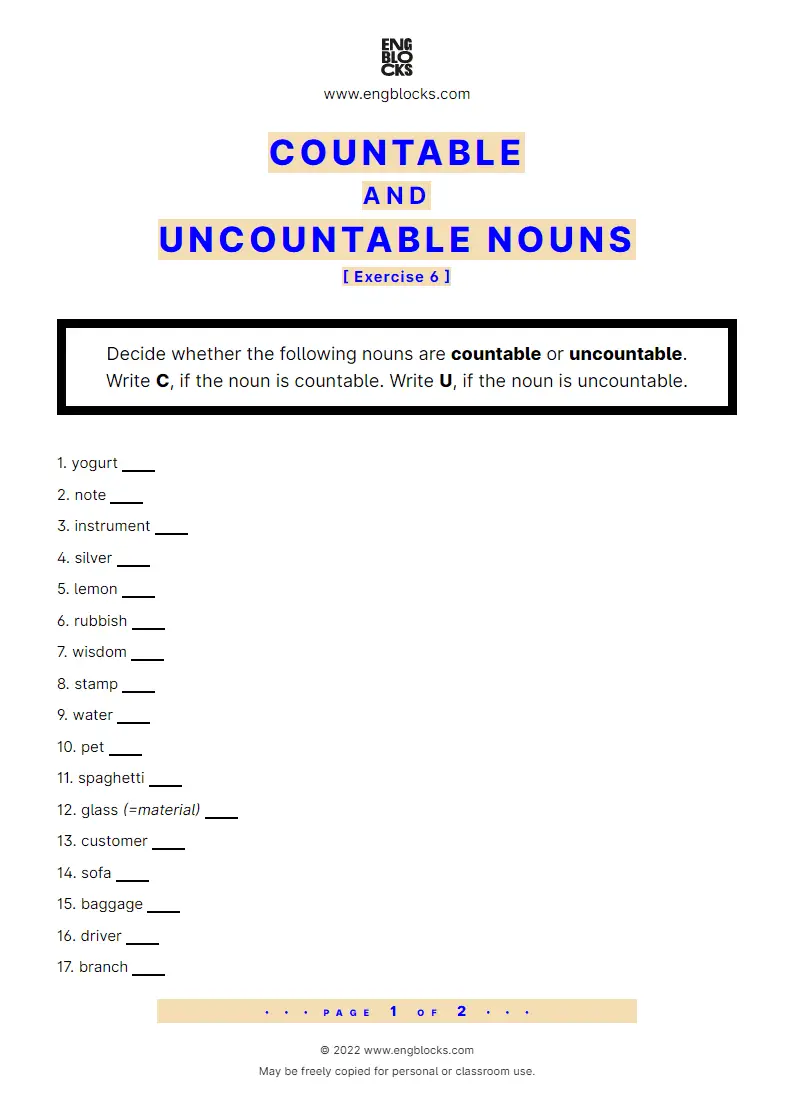 Grammar Worksheet: Countable and uncountable nouns — Exercise 6