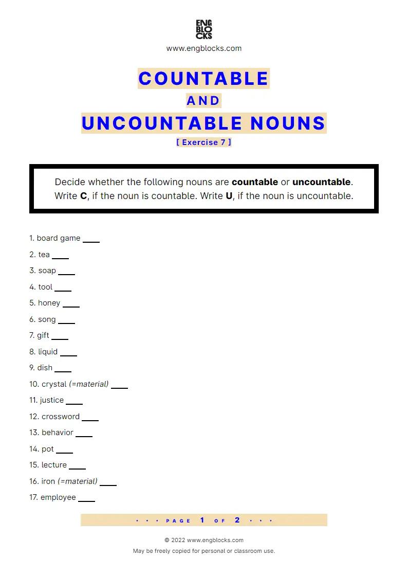 Grammar Worksheet: Countable and uncountable nouns — Exercise 7