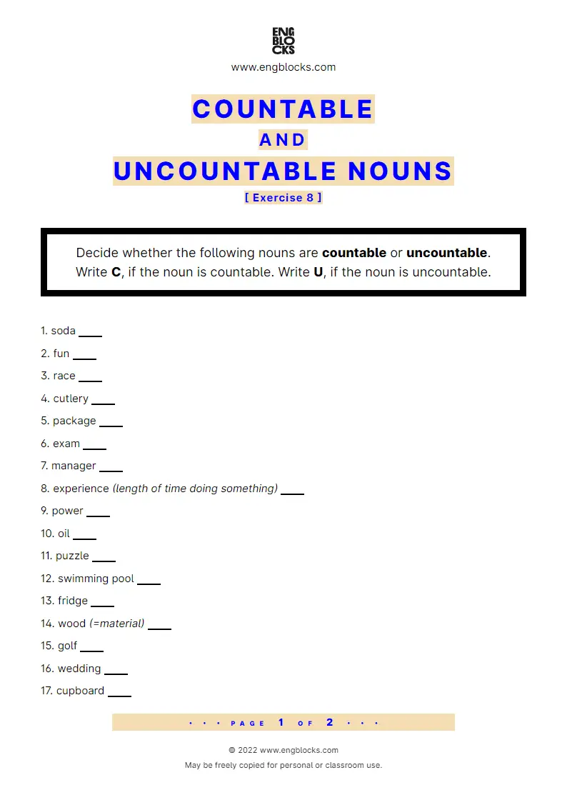 Grammar Worksheet: Countable and uncountable nouns — Exercise 8