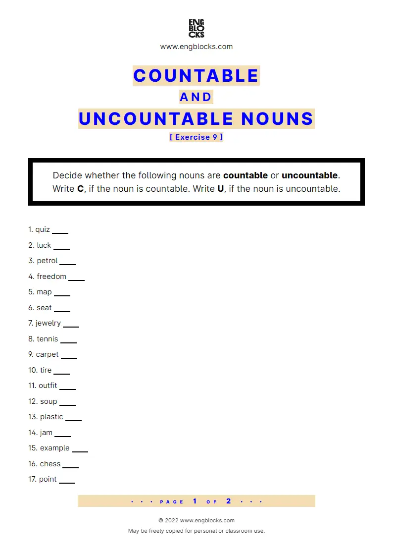 Grammar Worksheet: Countable and uncountable nouns — Exercise 9