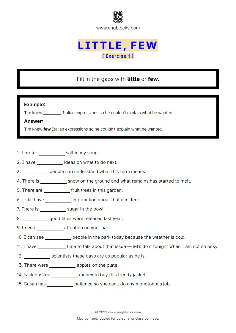Grammar Worksheet: little or few — Exercise 1
