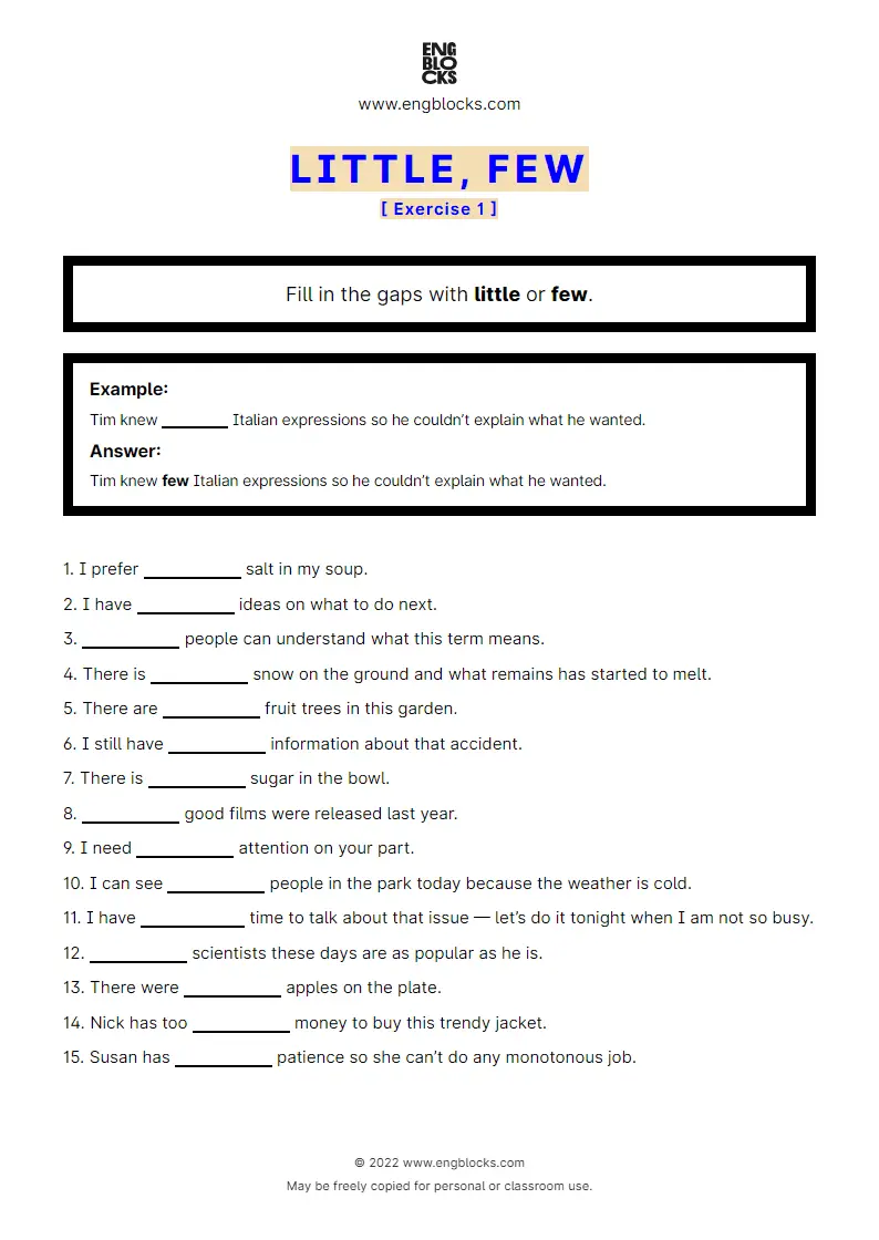 Grammar Worksheet: little or few — Exercise 1