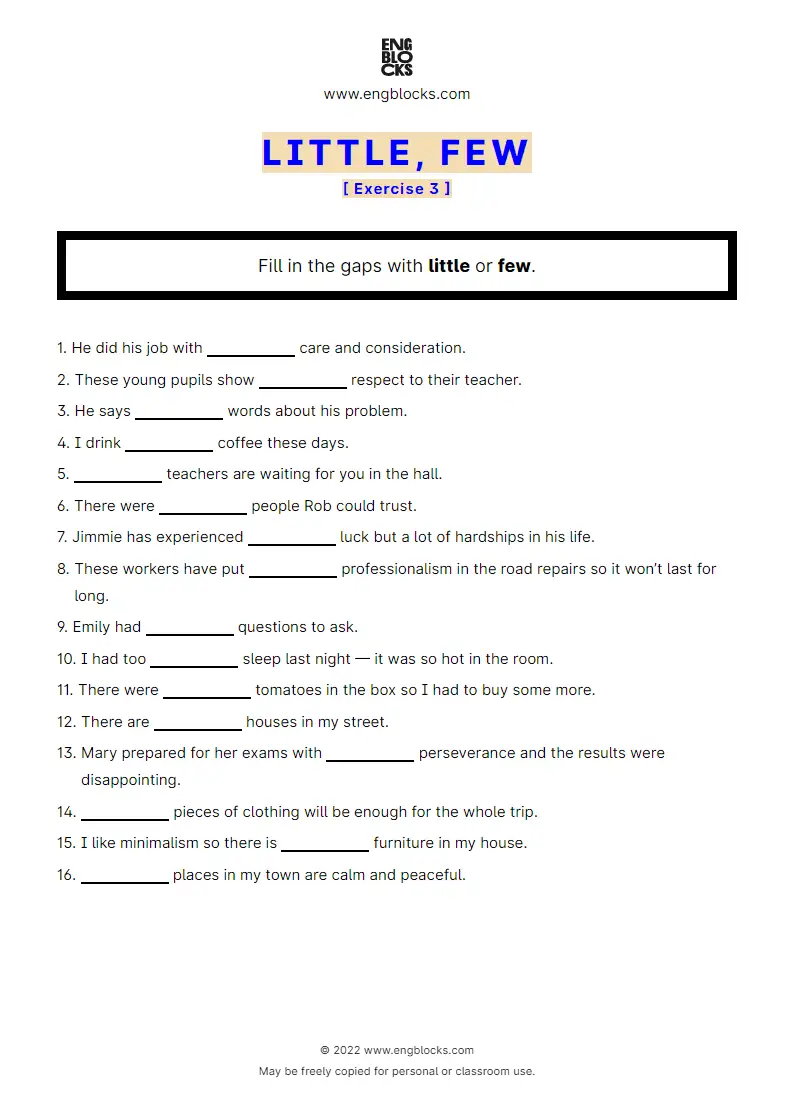 Grammar Worksheet: little or few — Exercise 3