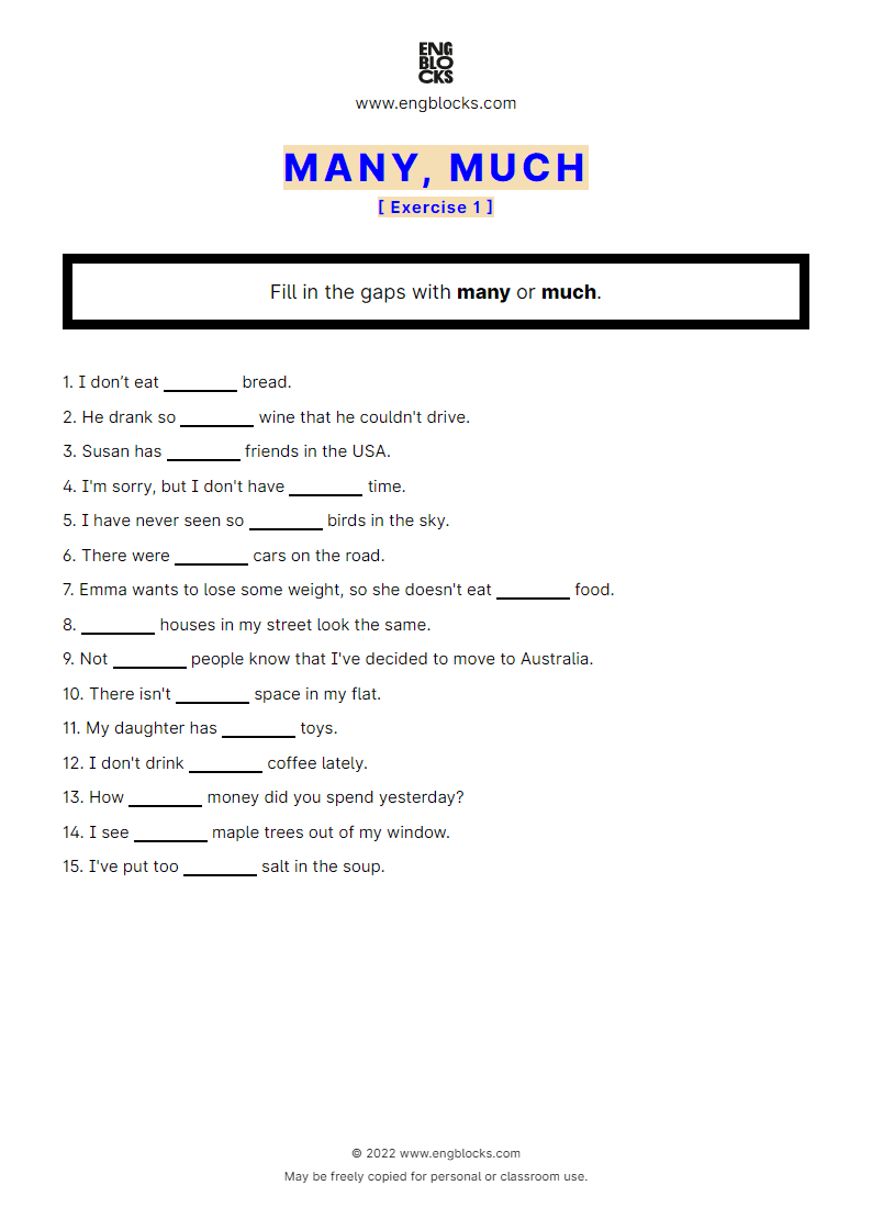 Grammar Worksheet: many or much — Exercise 1