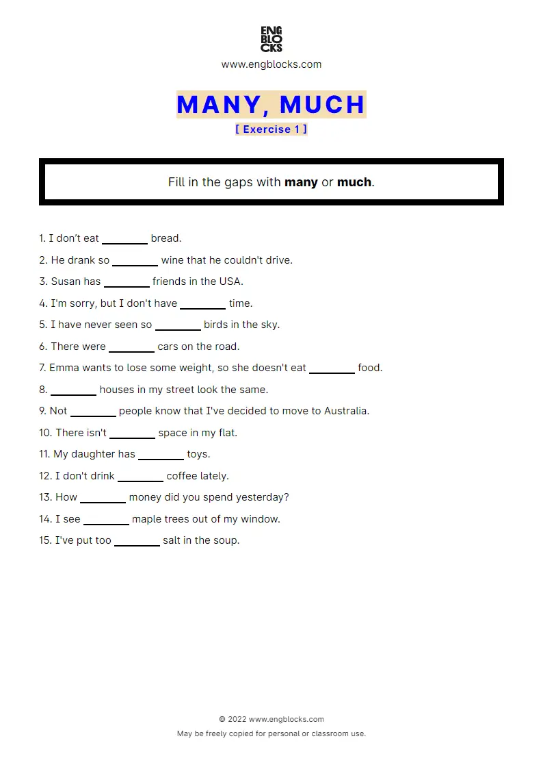 Grammar Worksheet: many or much — Exercise 1