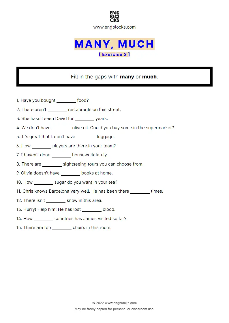 Grammar Worksheet: many or much — Exercise 2