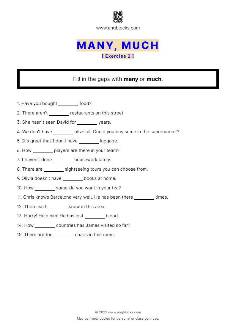 Grammar Worksheet: many or much — Exercise 2