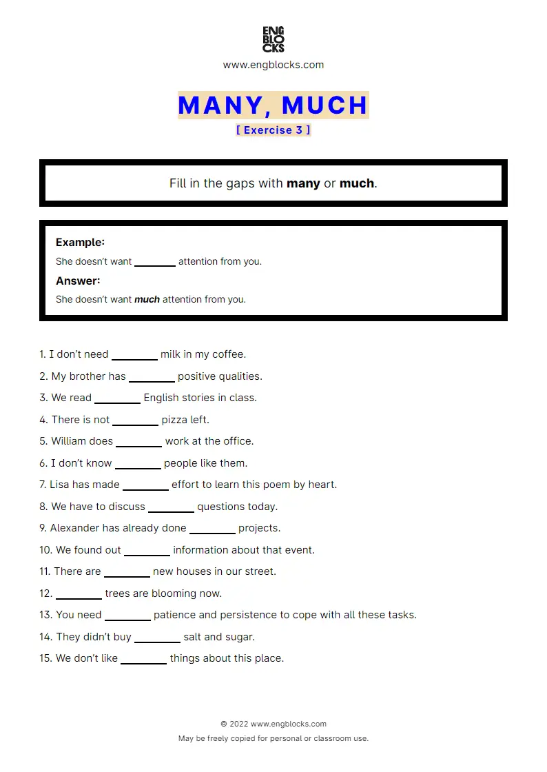 Grammar Worksheet: many or much — Exercise 3