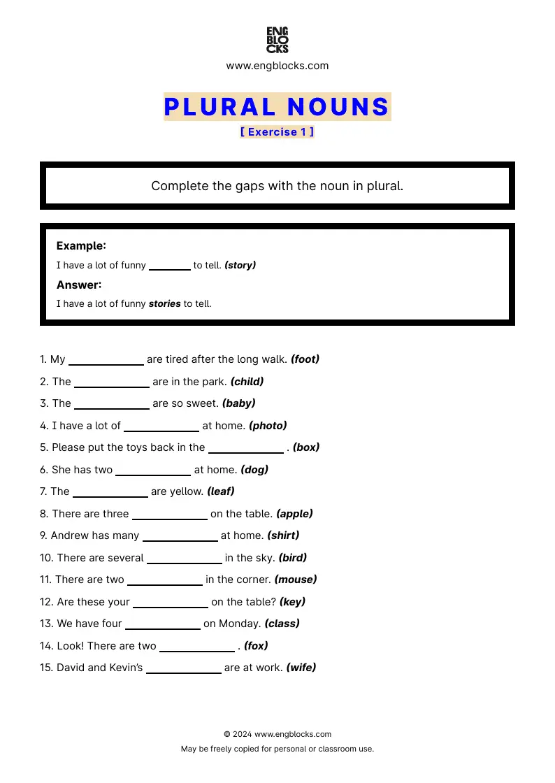 Grammar Worksheet: Plural nouns — Exercise 1