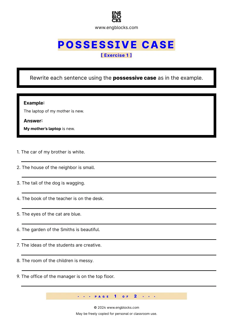 Grammar Worksheet: Possessive case — Exercise 1