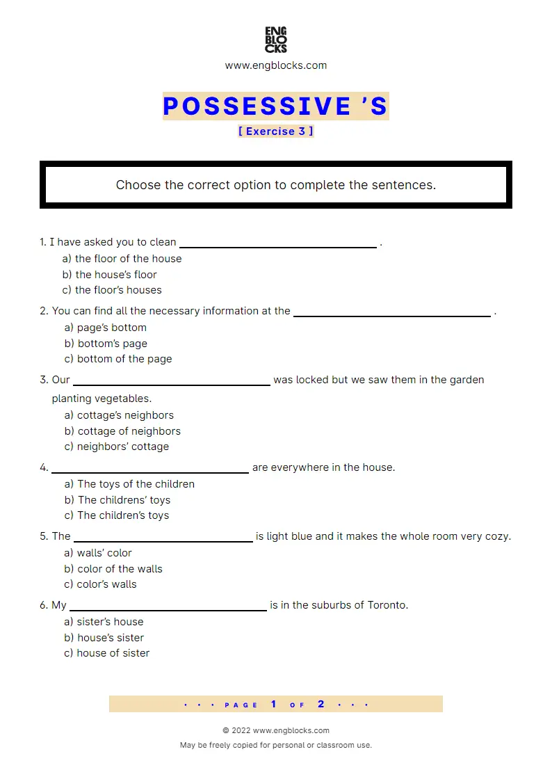 Grammar Worksheet: Possessive ’s — Exercise 3
