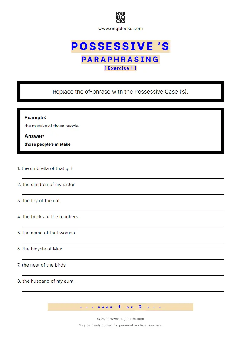 Grammar Worksheet: Possessive ’s — Paraphrasing — Exercise 1