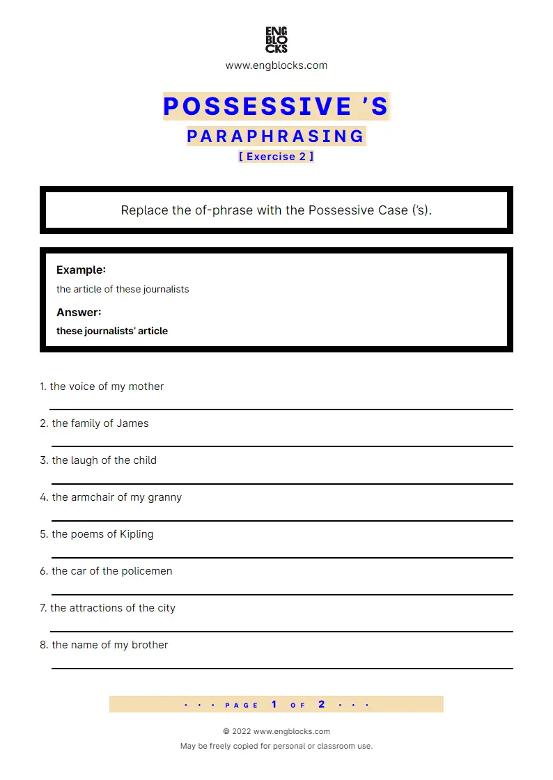 Grammar Worksheet: Possessive ’s — Paraphrasing — Exercise 2