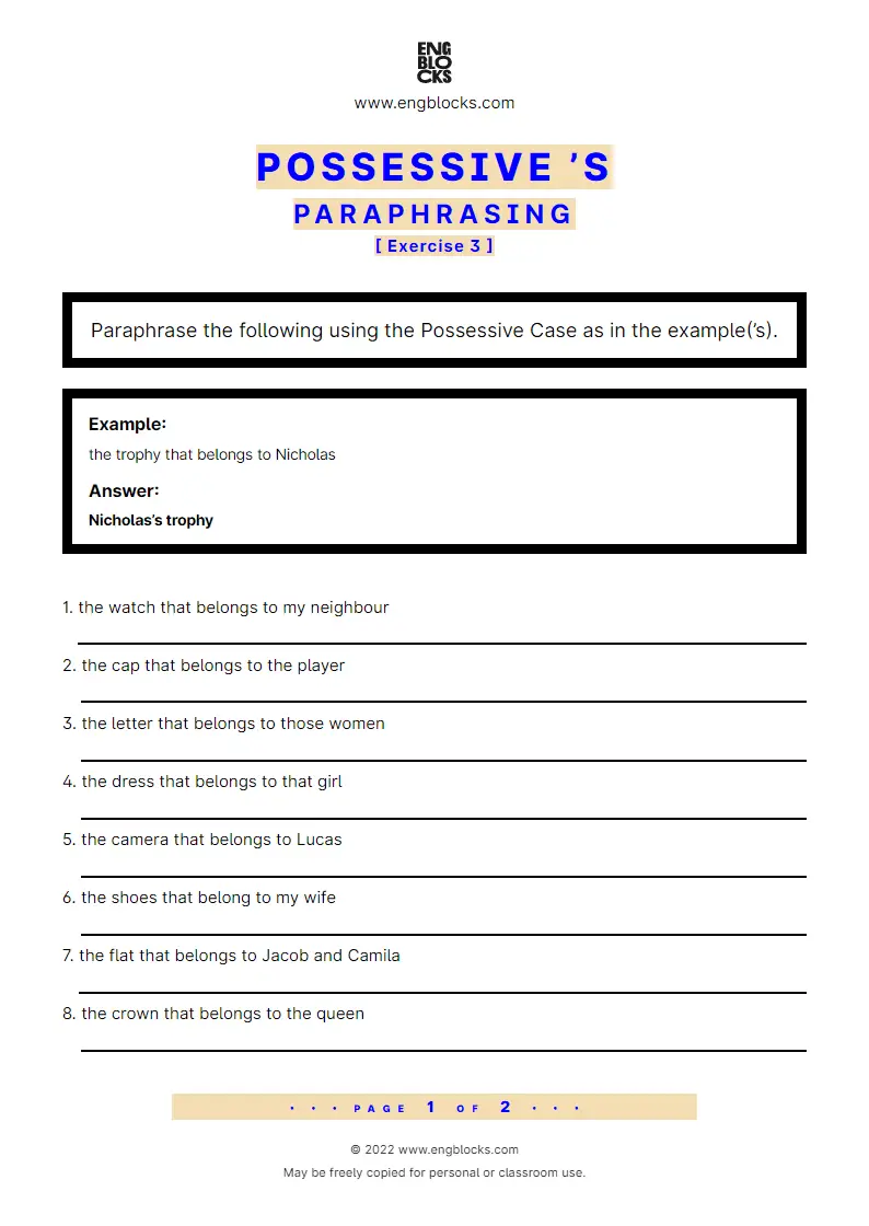 Grammar Worksheet: Possessive ’s — Paraphrasing — Exercise 3
