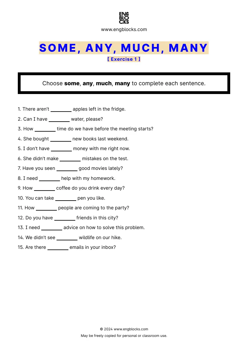 Grammar Worksheet: Some, any, much, many — Exercise 1