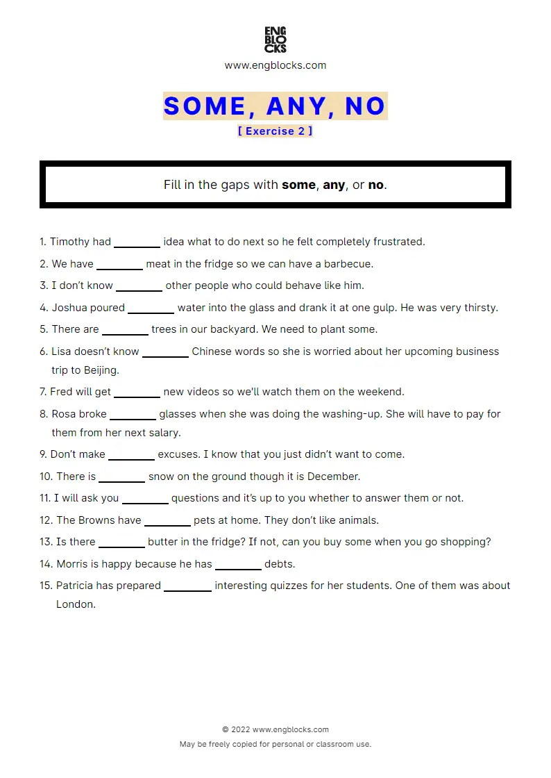 Grammar Worksheet: some, any, no — Exercise 2