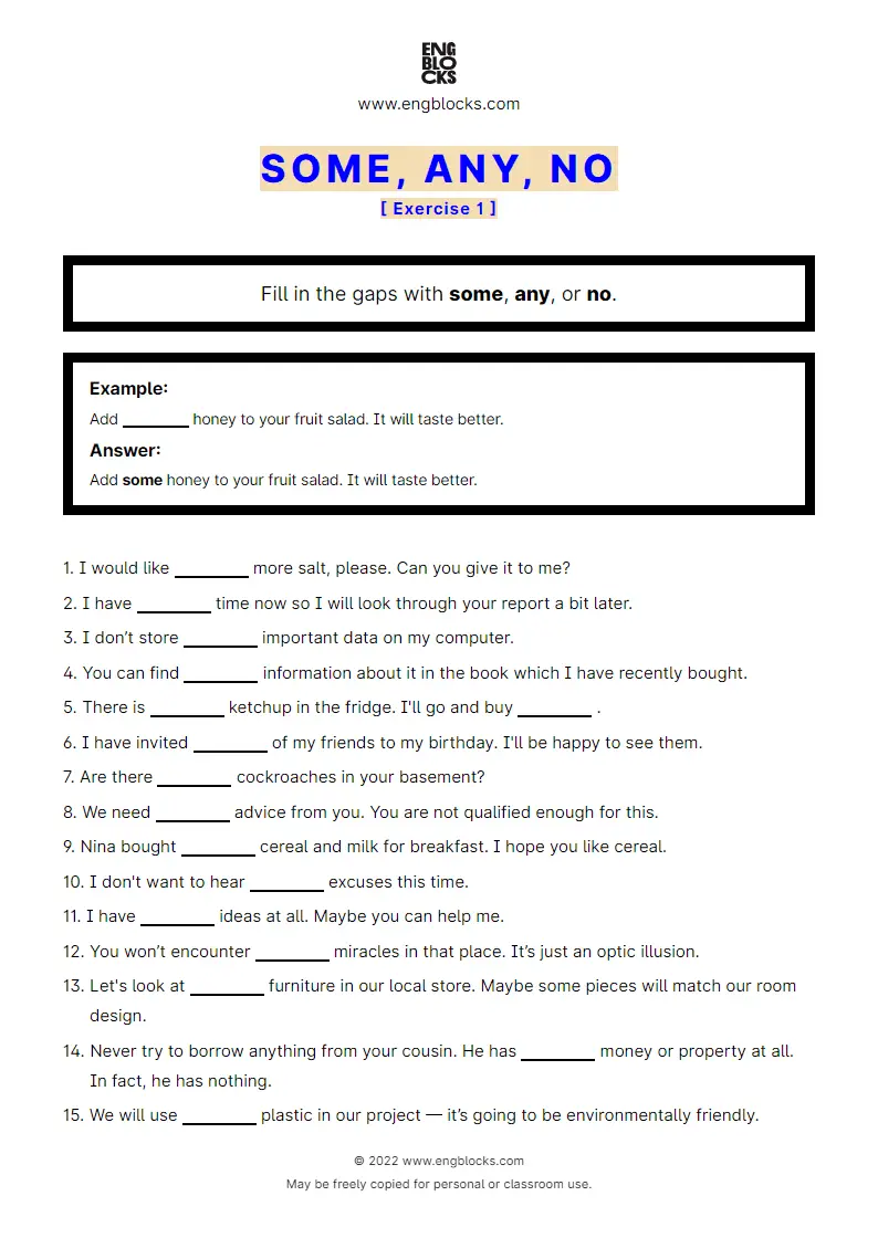Grammar Worksheet: some, any, no