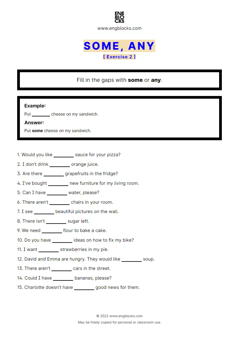 Grammar Worksheet: some or any — Exercise 2