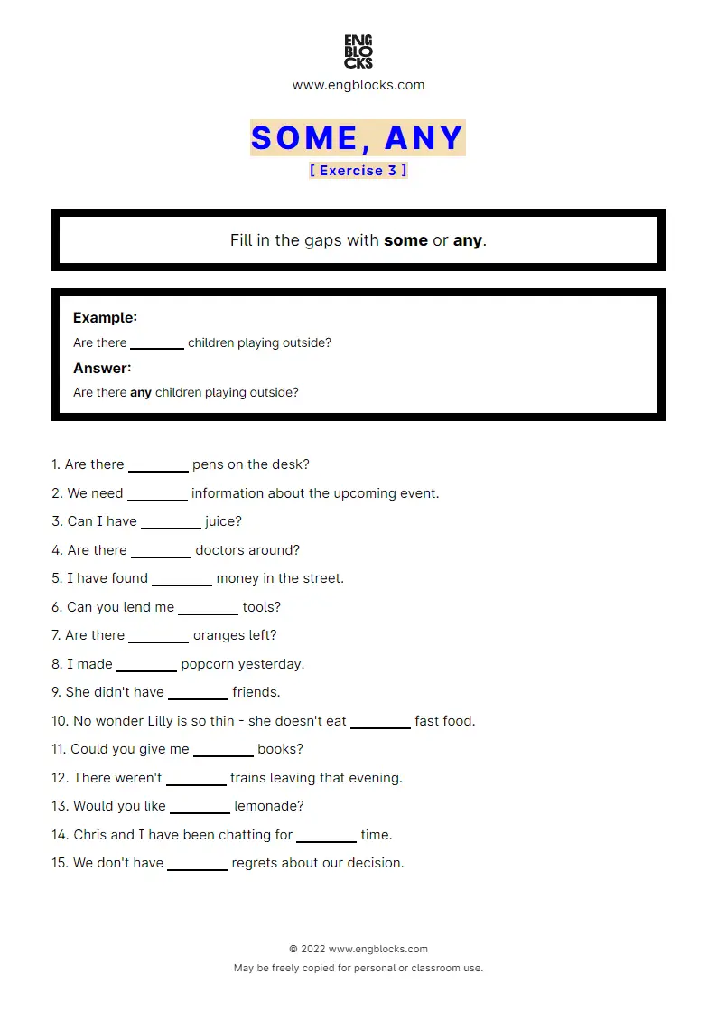 Grammar Worksheet: some or any — Exercise 3