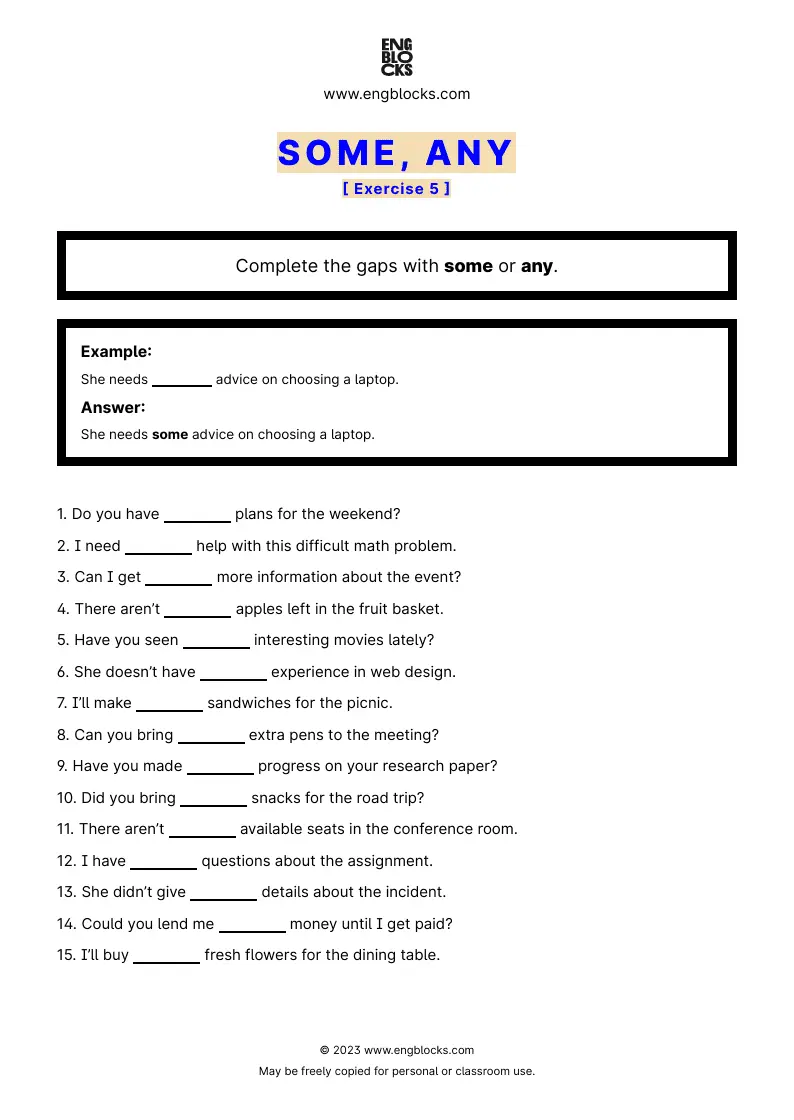 Grammar Worksheet: some or any — Exercise 5