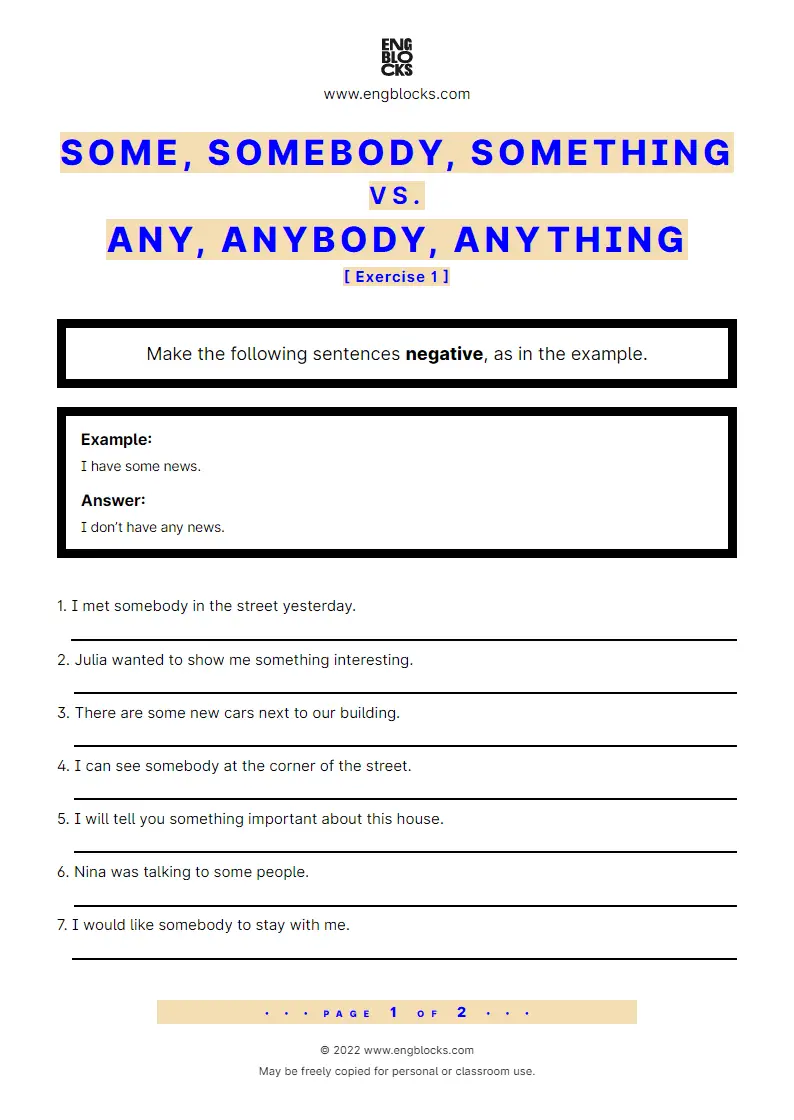 Grammar Worksheet: some (somebody, something) — positive and negative forms