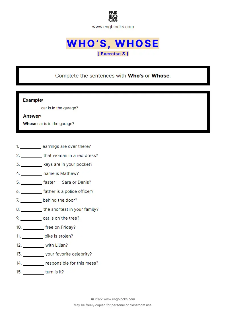 Grammar Worksheet: Who’s, Whose — Exercise 3