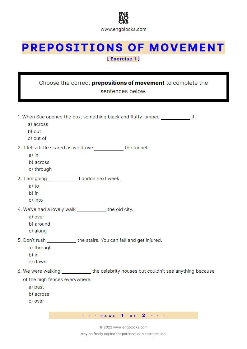 Grammar Worksheet: Prepositions of movement — Exercise 1