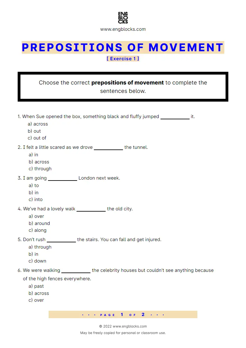 Grammar Worksheet: Prepositions of movement — Exercise 1