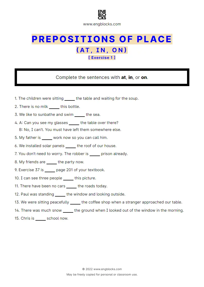 Grammar Worksheet: Prepositions of place: at, in, on — Exercise 1